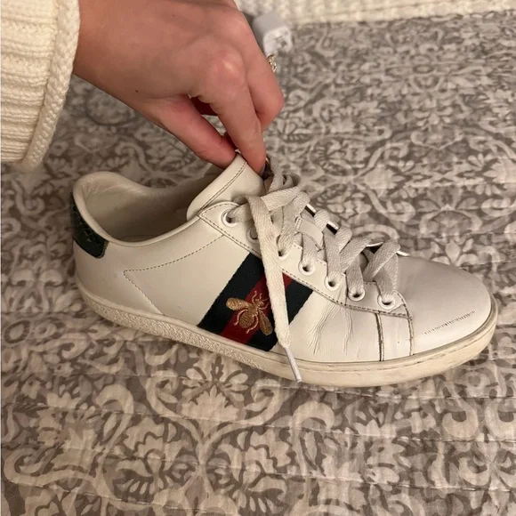 Gucci White Leather Sneakers with Red & Green Stripe and Gold Bee - Picture 5 of 5